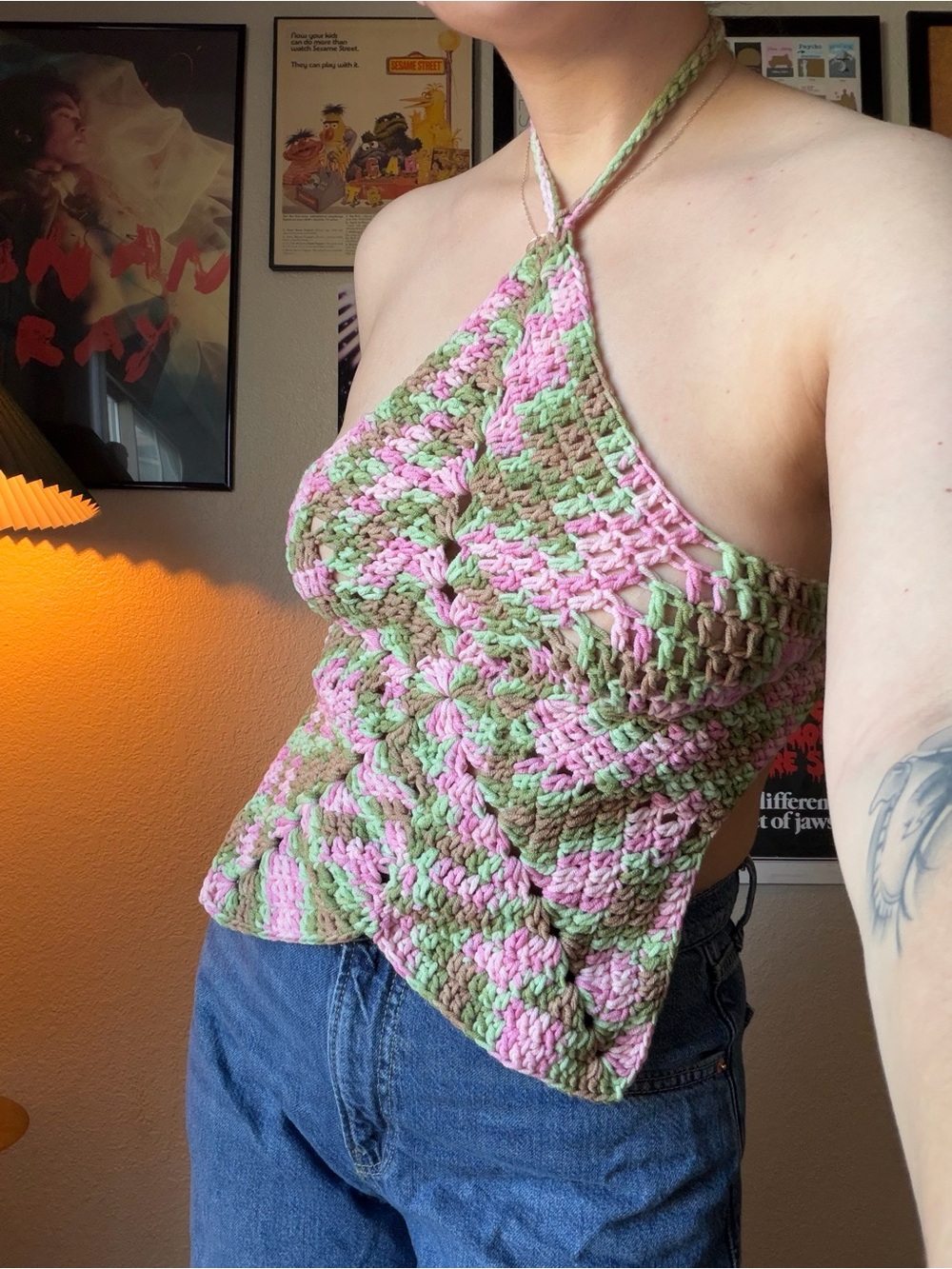 crochet green and pink camo star rave top